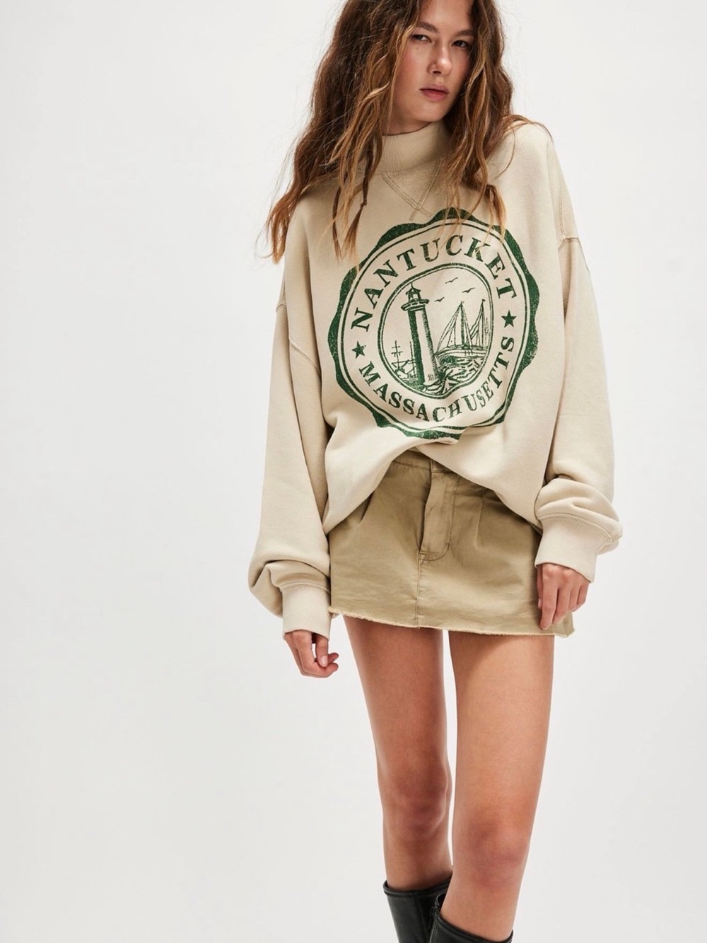 Free People Diana Nantucket Graphic Crewneck Sweatshirt - Cream with Green Logo